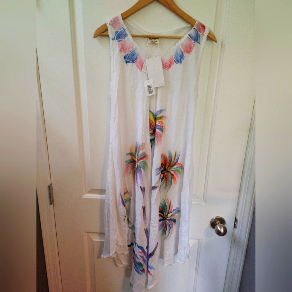 🌞Exist White Asymmetrical Colourful Palm Tree Embellished Flowy Dress! NWT